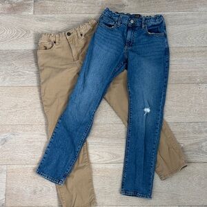 Bundle of two boys jeans, one blue and one khaki, size 14, adjustable waistband